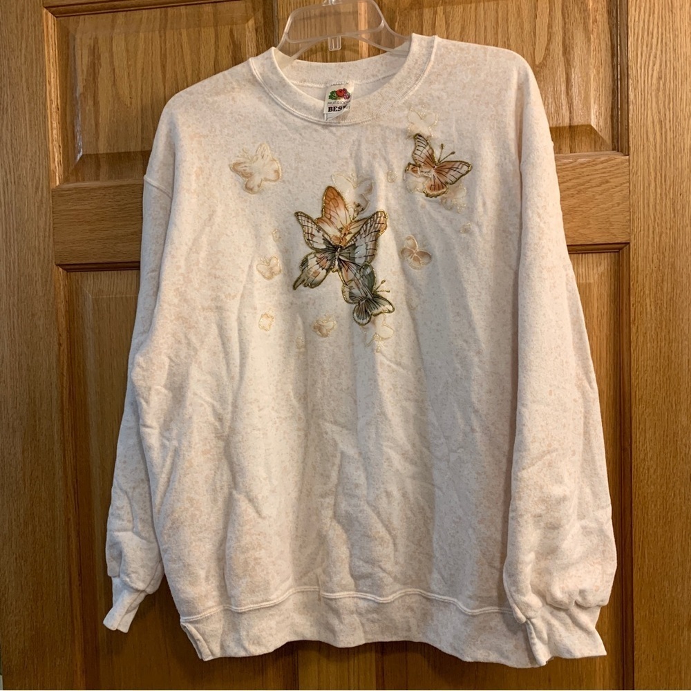 Fruit Of The Loom Sweatshirt Women’s L Cream Long Sleeve Embellished Butterfly